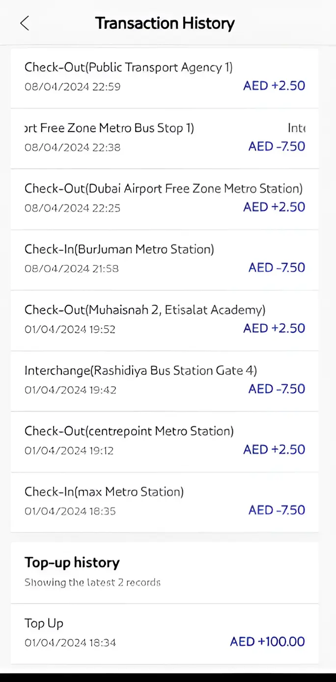 NOL card transaction history