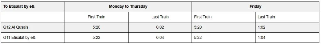 Monday to Friday Etisalat Metro Station timings towards Etisalat by e&