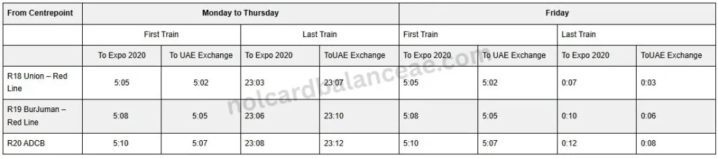 Red Line weekdays Timings for Bur Dubai Metro Station (From Centrepoint towards Expo)