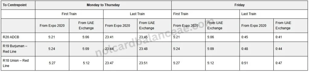 Red Line weekdays Timings for Bur Dubai Metro Station (From Expo towards Centrepoint)