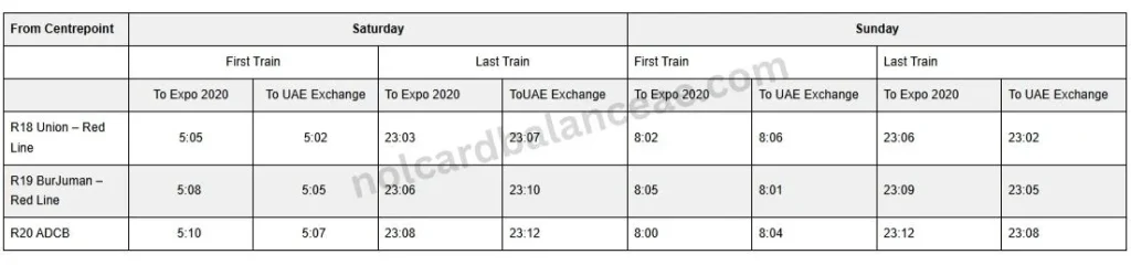 Red Line weekend Timings for Bur Dubai Metro Station (From Centrepoint towards Expo)